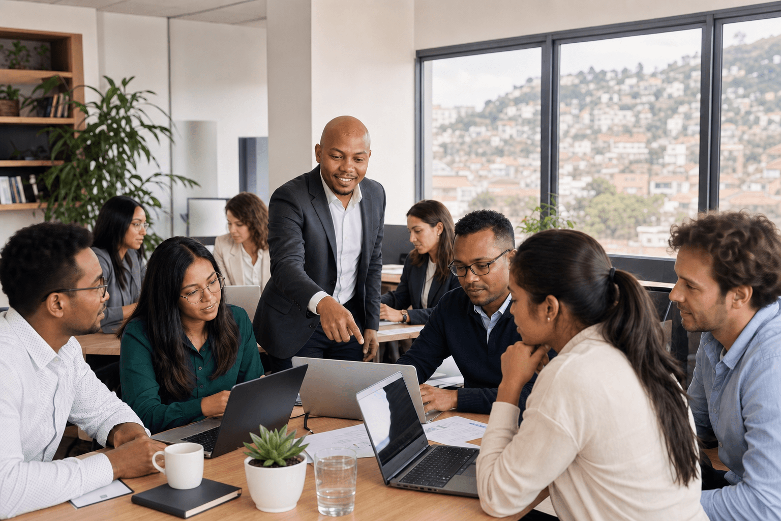 Formateur accompagnant un groupe international de professionnels pendant un atelier IA dans un bureau moderne à Antananarivo