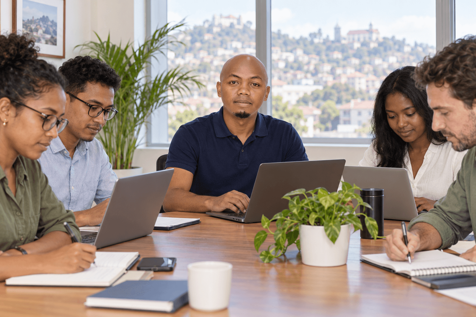 Formateur accompagnant un groupe international de professionnels pendant un atelier IA dans un bureau moderne à Antananarivo